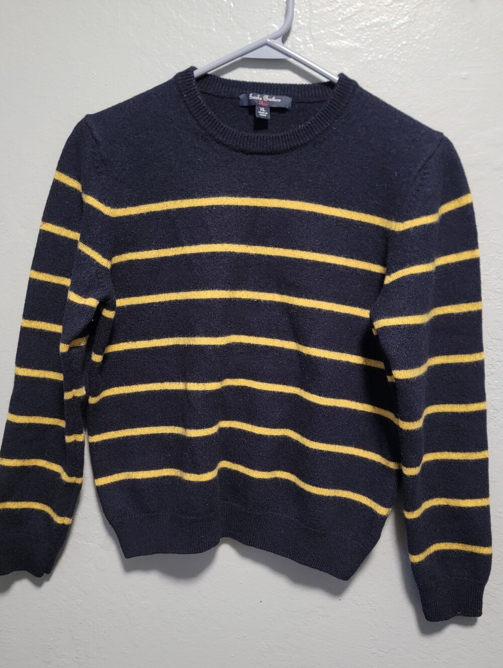 Brooks Brothers Navy Crewneck Sweater with Yellow Stripes